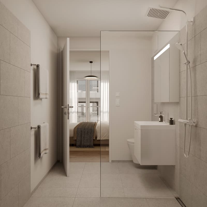 White bathroom with modern tile design, glass partition, walk-in shower, sink, toilet