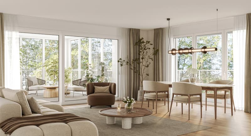 Wooden floors, large sliding doors, dining table, coffee table, couch, indoor plants, pendant light