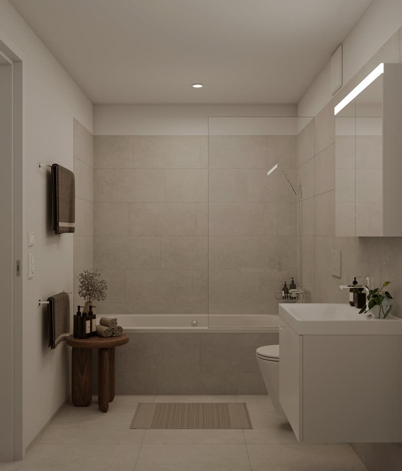 minimalistic design, white tiles, glass shower, bathtub, wooden side table, modern fixtures