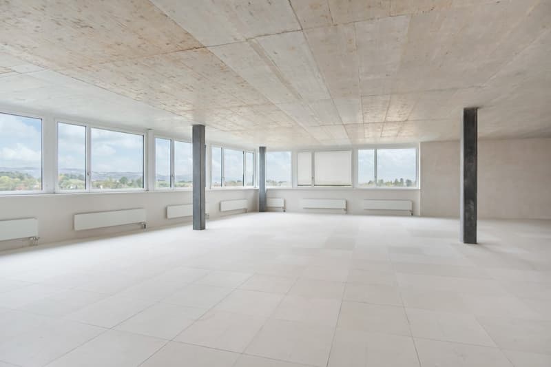 Empty room, white tiles, large windows, concrete pillars, white radiators
