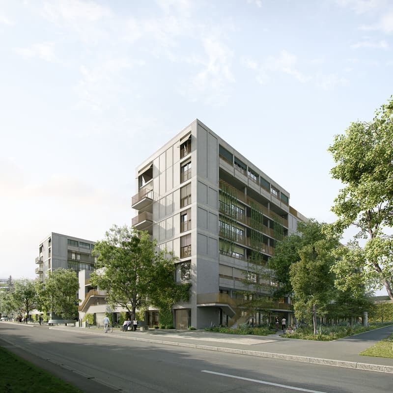 Multi-story building, balconies on each floor, stairs and garden area