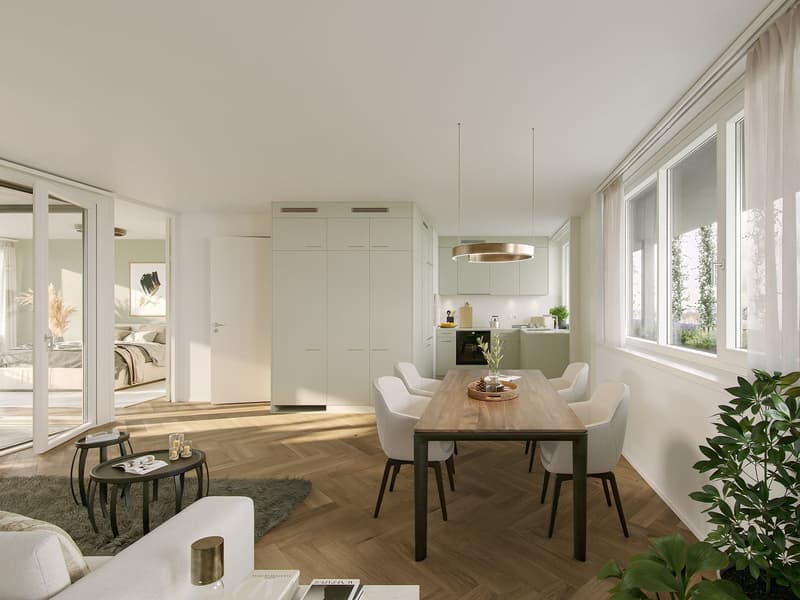 modern kitchen with dining area, wooden floors, white cabinetry, large windows