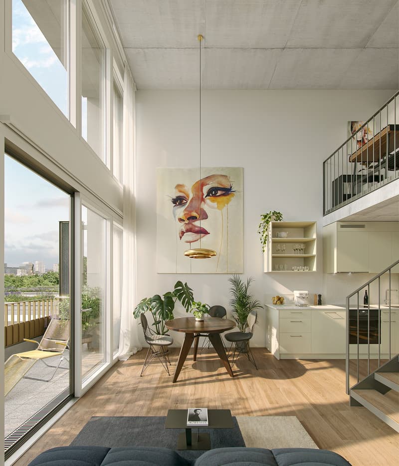 Minimalistic living room with large windows, round dining table, and a pendant lamp. The room also has a couch and a small table