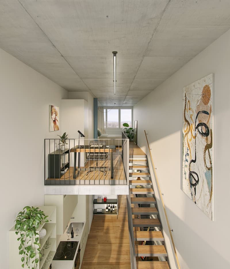 open floor plan, raised ground floor, stairs, desk with chair, balcony, kitchen, sink, stove, wine bottles, picture
