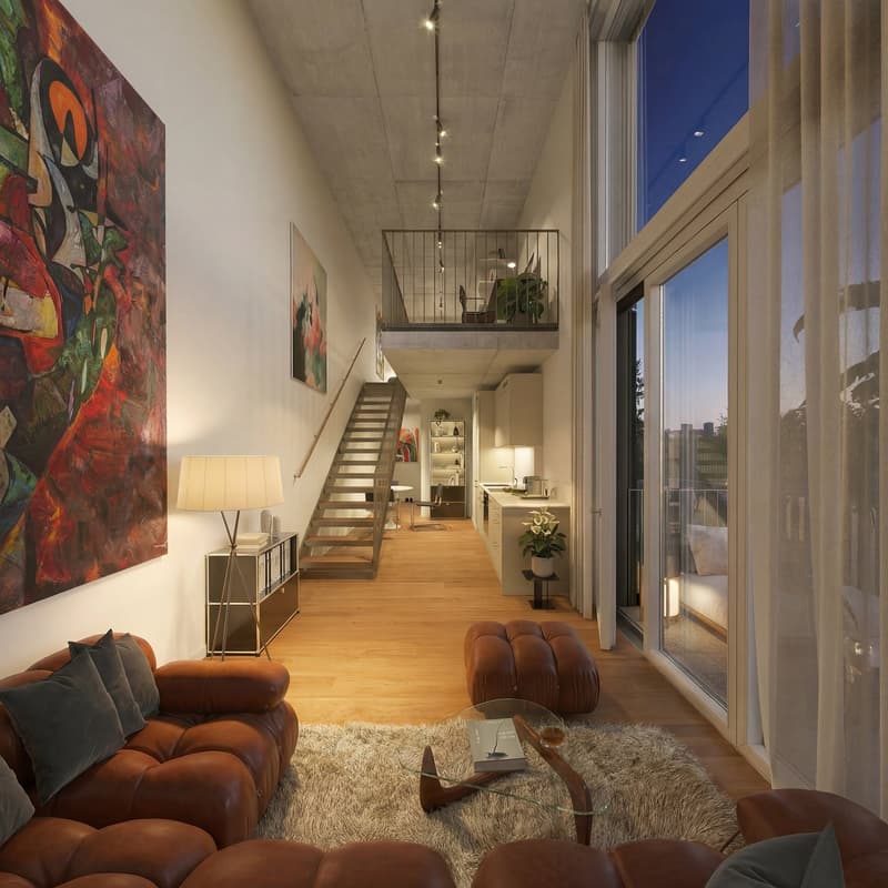 large open space with couch, living area, kitchen area, balcony, stairs to upper floor