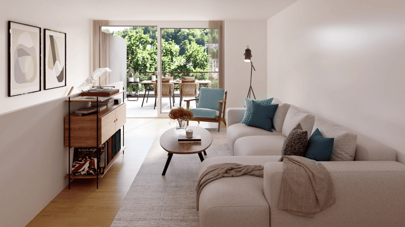 large sofa, coffee table, floor lamp, wooden floor, white walls, balcony, dining table, chairs, trees view