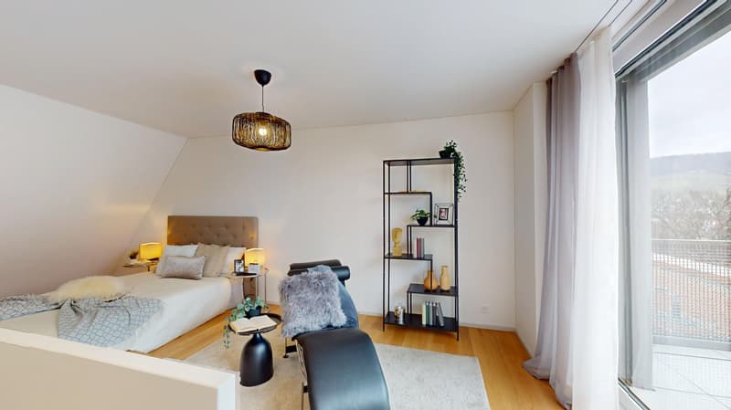 white walls, wooden floor, bed, bedside tables, lamps, shelf, chair, rug, balcony, view