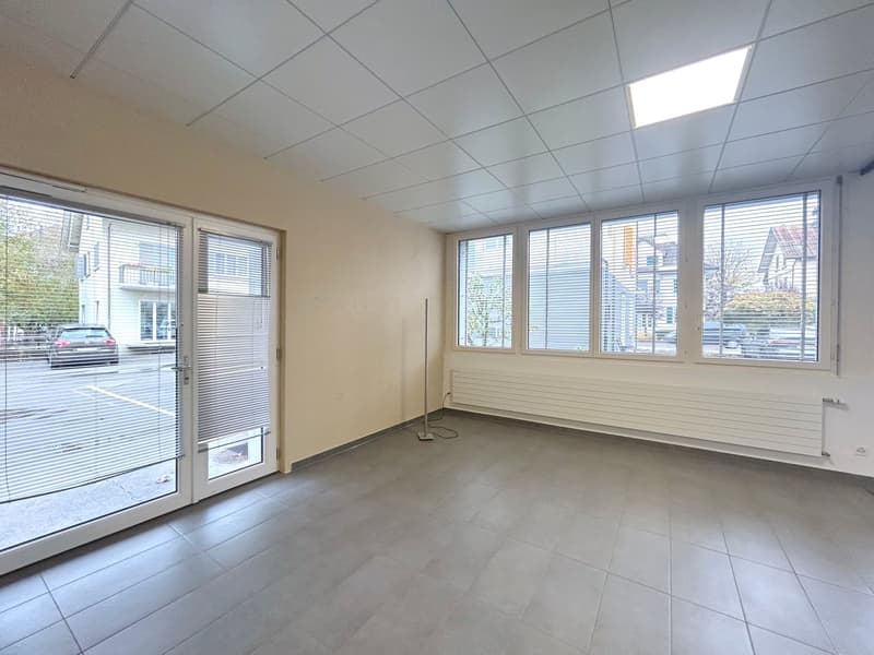 empty room, large windows, sliding door, tiled floor, white walls