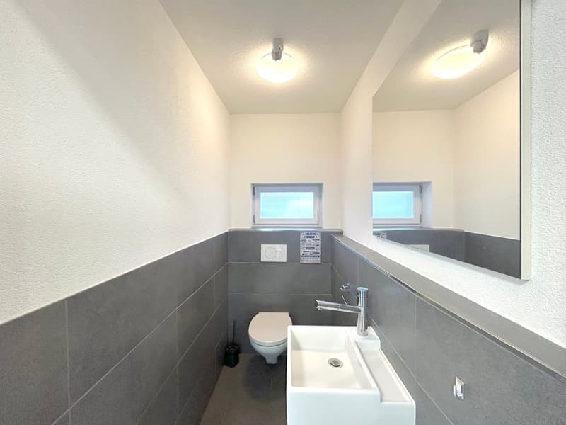 Gray tile walls, white sink, silver faucet, white toilet, mirror, ceiling lights, small windows.
