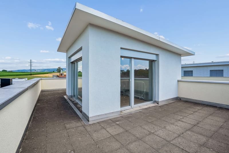Riesige Dachterrasse mit beeindruckender Weitsicht an schönen Tagen von der Rigi über den Titlis, Pilatus bis zum heimischen Herlisberg.