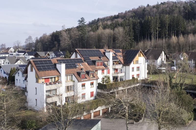 Aerial view of apartment buildings with solar panels on the roofs, balconies, brown roofs, red doors, garden, trees