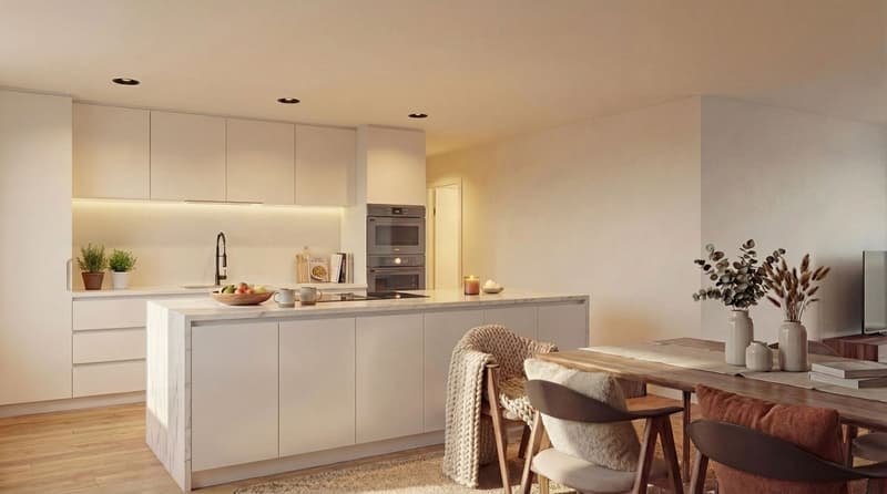 modern kitchen with white cabinets, marble countertop, built-in oven, gas stove, sink, faucet, dining area with wooden table, chairs, rug, plants, and decorative items