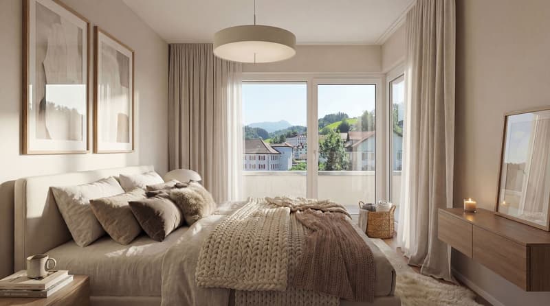 large bed, pillows, blankets, nightstand, basket, lamp, curtains, balcony, view