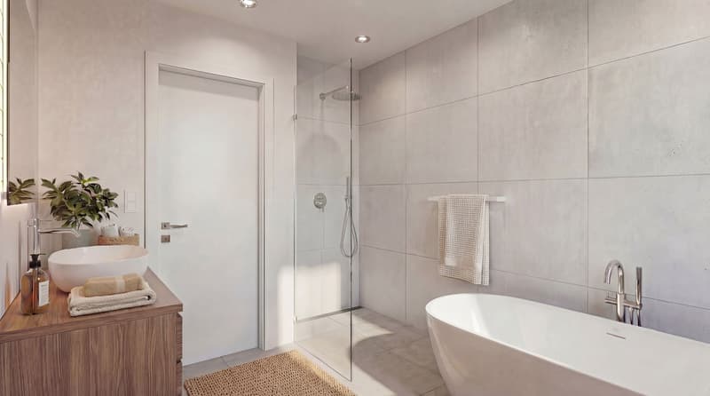 modern bathroom with white tiles, glass shower, white bathtub, white sink, wooden cabinet, towel rack, plant