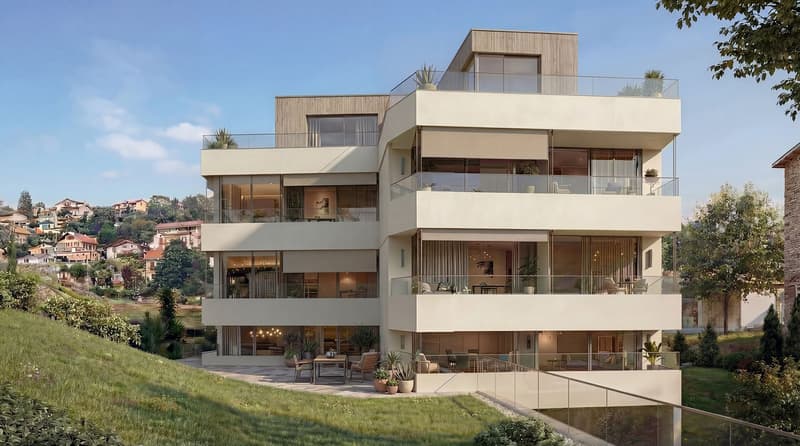 4 story house, modern design, multiple balconies, raised ground floor, large windows, outdoor seating area