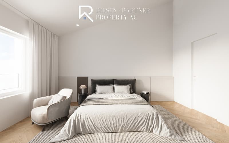 Bedroom with a bed, two nightstands with lamps, a chair, white bedcover, hardwood floor, large window with curtains