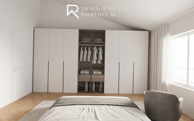 White wardrobes, glass door closet, bed, chair, wooden floor, large window