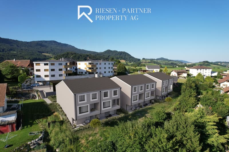 multiple apartments, balconies, trees, greenery, mountains