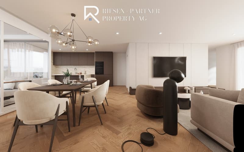 modern dining room with wooden flooring, open-plan layout, modern kitchen, living room area, glass door, chandelier, television, wooden dining table, modern chairs, decorative items