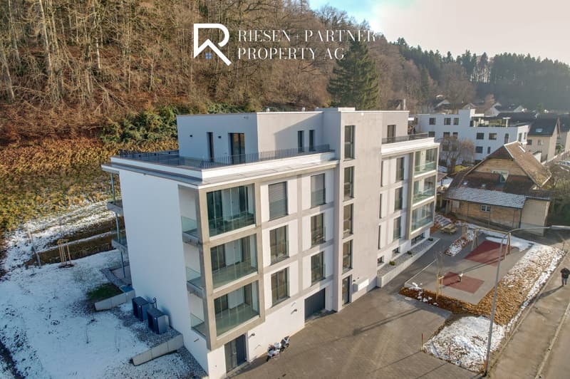 modern multi-storey building, white exterior, glass balconies, snowy area, surrounding houses