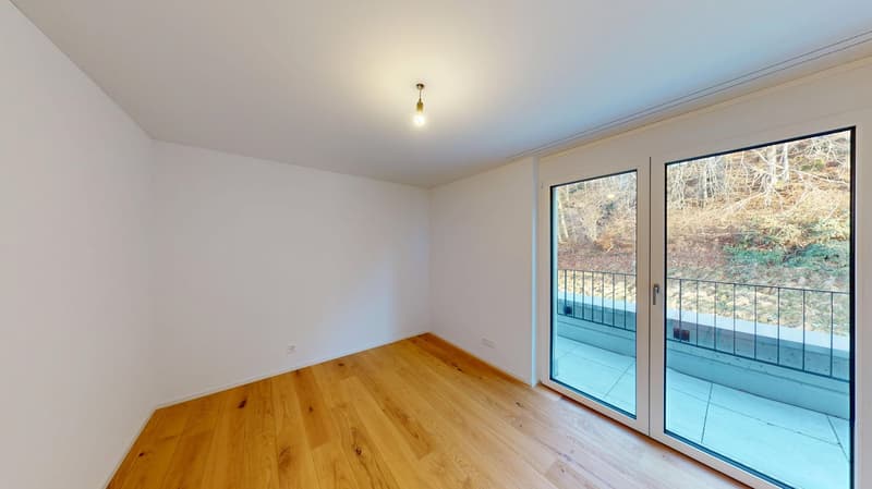modern design room, hardwood floor, white walls, balcony with railings, large glass doors