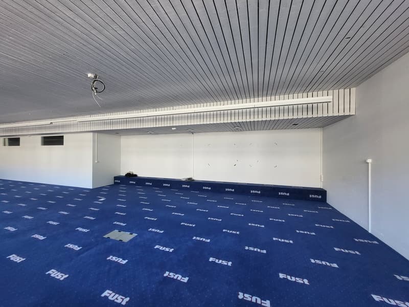 Empty room with blue carpet, white walls, gray ceiling, and various markings on the floor.