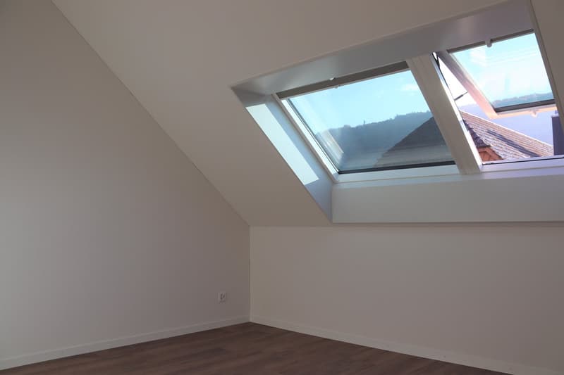 Apartement room with white walls, wooden floor, skylight windows
