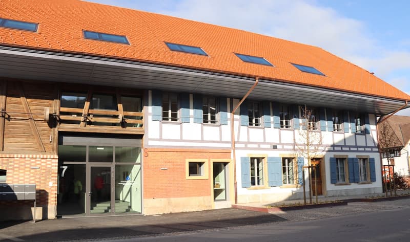 orange roof, blue shutters, brick walls, glass doors, metal railing