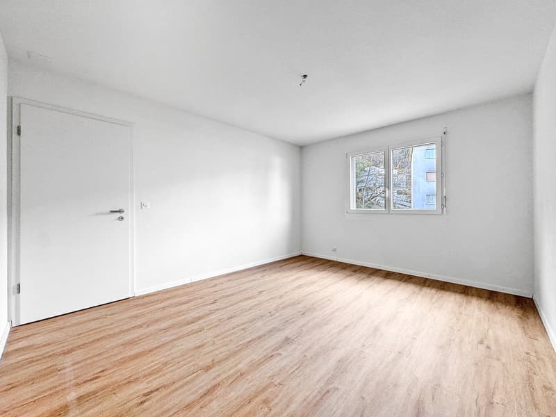 empty room, white walls, wooden floor, window, door
