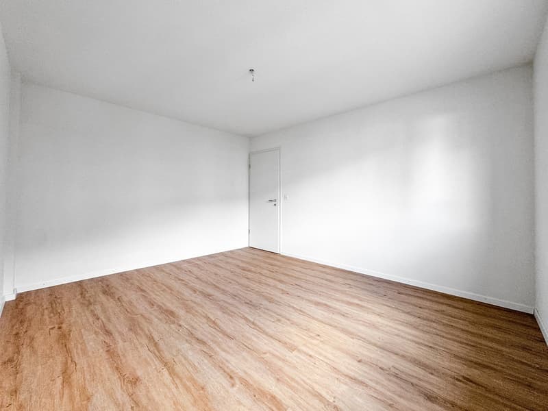 Empty room with wooden floors and white walls, a door, and a ceiling light.