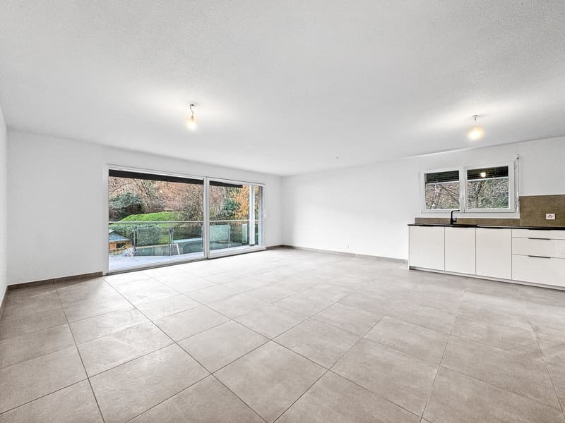 empty room, large windows, balcony, modern kitchen design, tiled floor