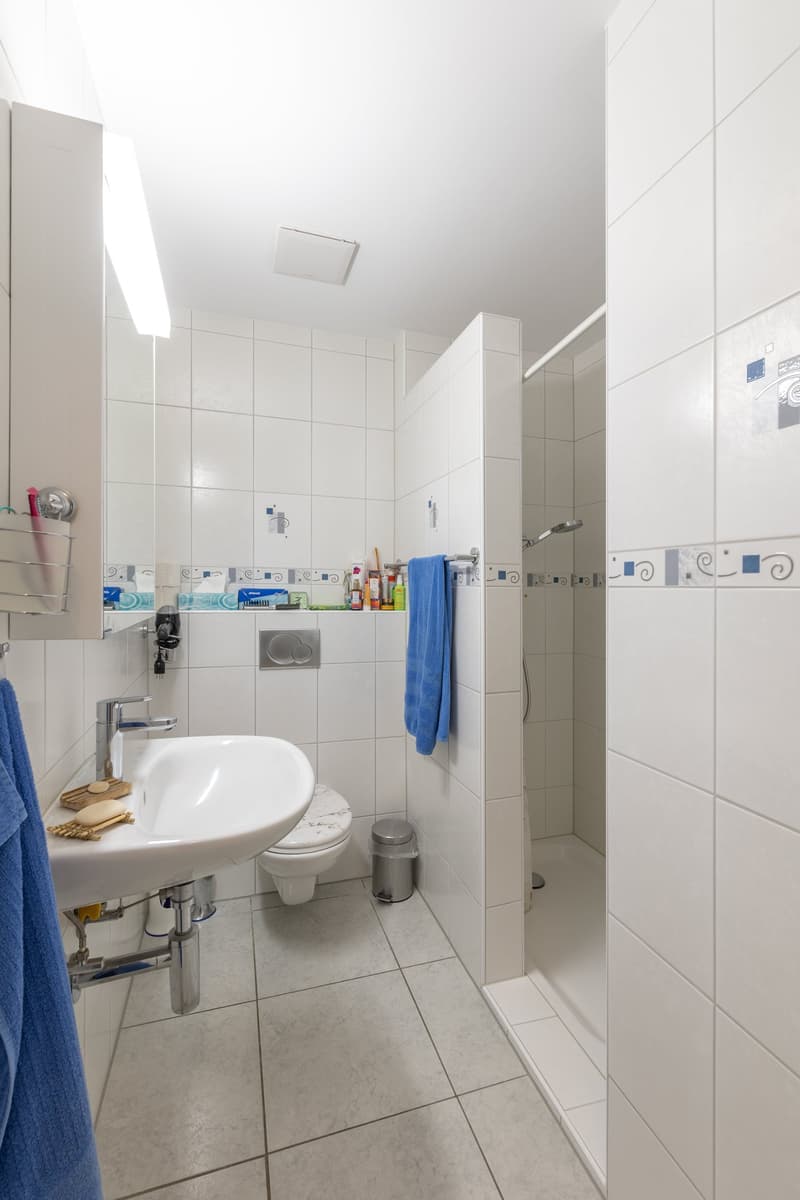 white tiles, white sink, white toilet, shower, blue towels, soap, shampoo, trash can