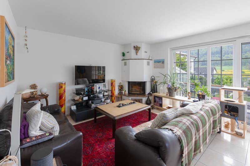 two sofas, coffee table, TV, fireplace, large windows, red carpet