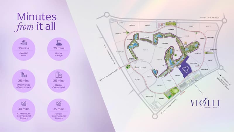 Map with nearby landmarks and distances. Landmarks include IMG Worlds of Adventure, Dubai Outlet Mall, Al Maktoum International Airport, Dubai International Airport, DAMAC Hills, and Global Village.