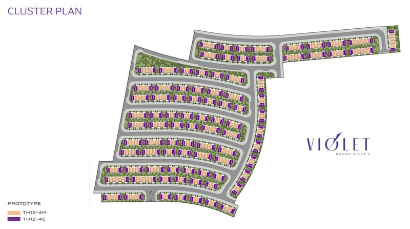 The image shows a cluster plan for a residential development called Violet Damac Hills 2. The plan includes several rows of townhouses or villas, with different prototype types labeled as TH12-4M, TH12-4E, and TH12-4E. The layout appears to be curved, wit