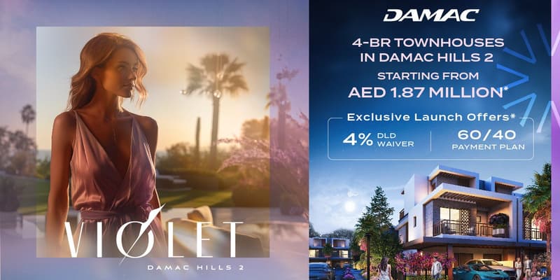 4-bedroom townhouses in Damac Hills 2, starting from AED 1.87 million, with exclusive launch offers including 4% DLD waiver and 60/40 payment plan.