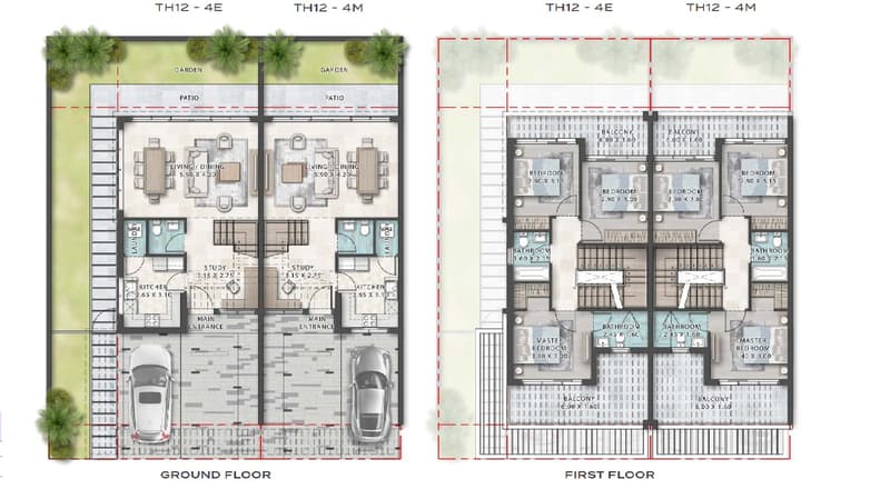 Ground floor: Living/dining room, kitchen, study. First floor: 3 bedrooms, 3 bathrooms, master bedroom, balconies