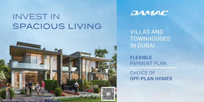 Two-story modern villas with glass walls, balconies, and landscaped gardens. The image showcases the exterior of the residential development by Damac, offering a choice of off-plan homes with a flexible payment plan in Dubai.
