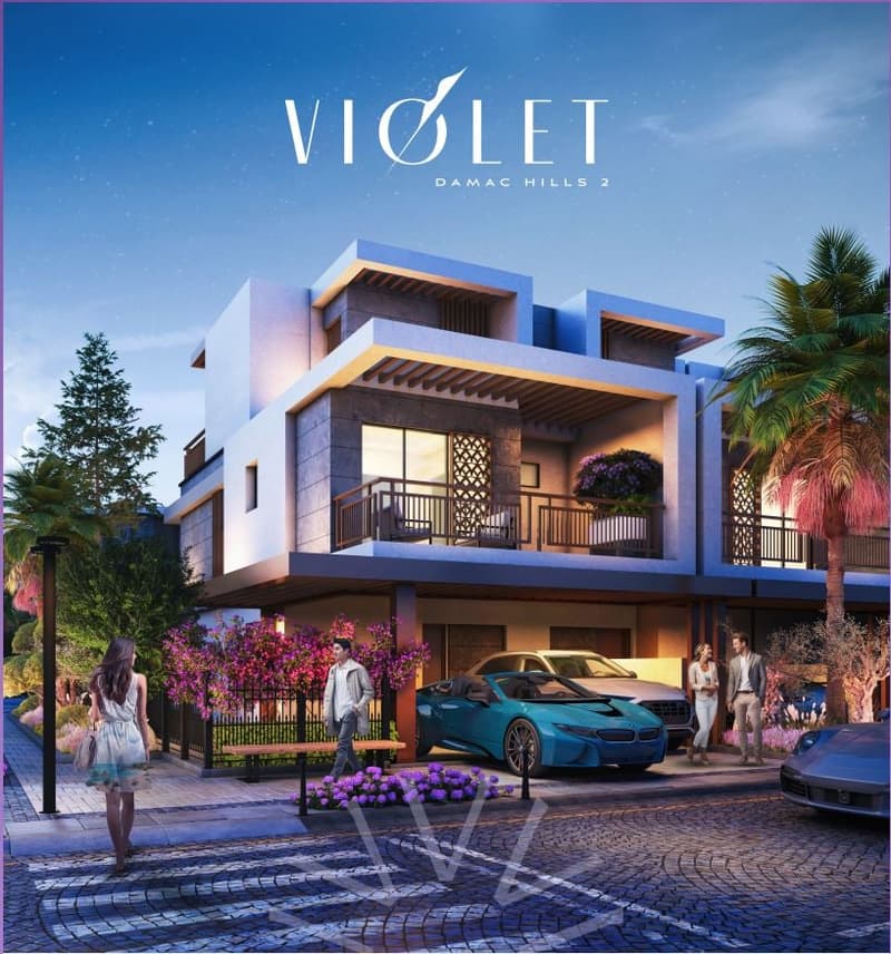 Two-story modern residential building with balconies, garage, and parking space. The building has a contemporary architectural design with clean lines and geometric shapes. There are palm trees and other landscaping elements around the property, creating