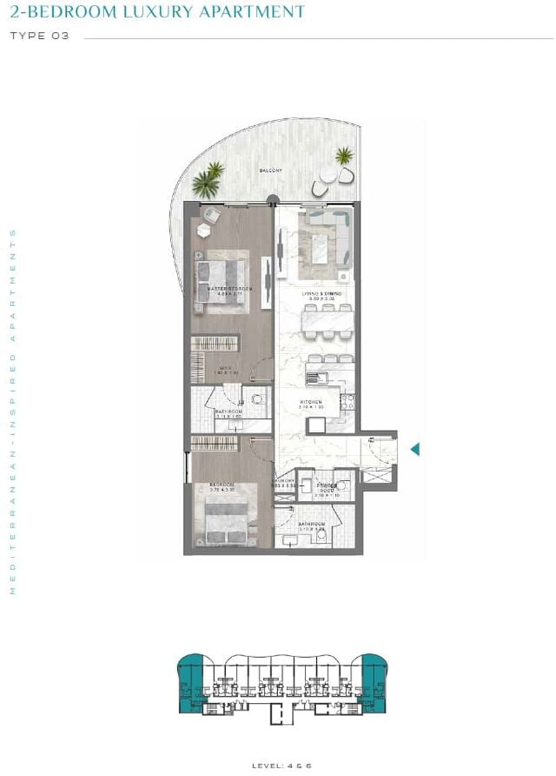 Floor plan for 2-bedroom luxury apartment: balcony, living and dining area, kitchen, 2 bathrooms, master bedroom, walk-in closet, en-suite bathroom