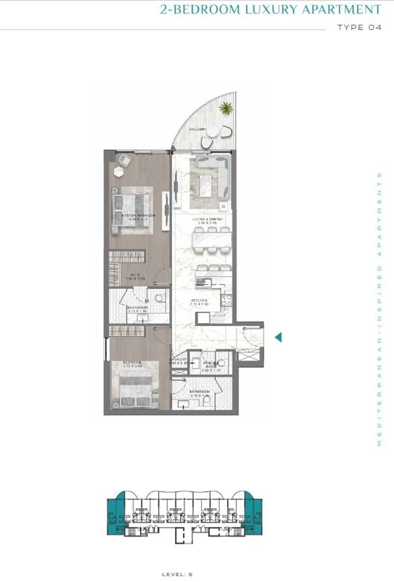 master bedroom, guest bedroom, living and dining, kitchen, laundry, bathroom, balcony