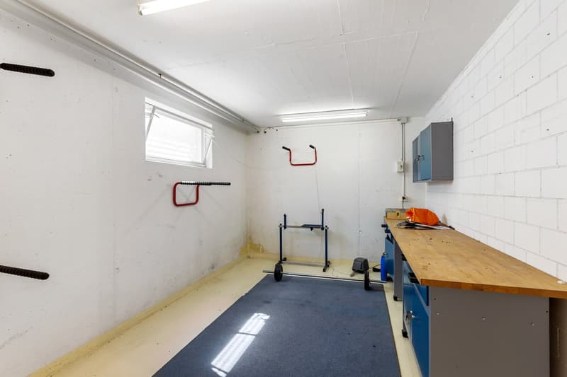 empty room, white walls, blue carpet, workbench, metal bars on wall, window