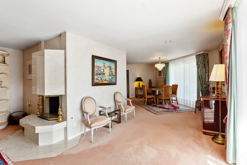 living room with fireplace, dining area, chairs, table, rug, lamps, painting, shelves