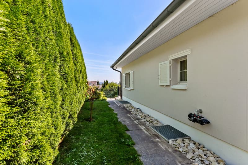 House with white exterior, two windows with white shutters, a pathway leading to the entrance, a hedge on the left, and a small garden area.