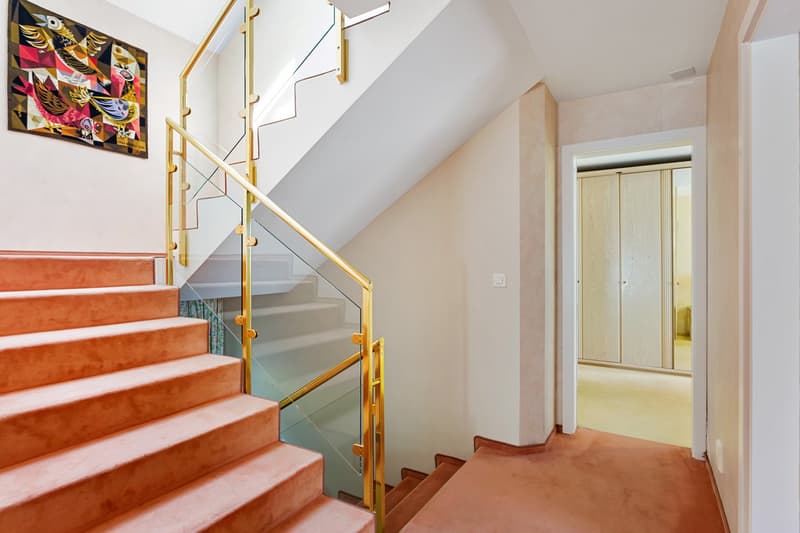 Carpeted stairs, gold handrail, glass steps, white walls, wooden closet door