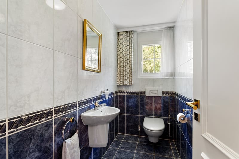 Bathroom with white sink, mirror, toilet, and blue tiles