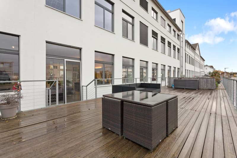 modern building, wooden deck, outdoor furniture, metal railings, potted plant