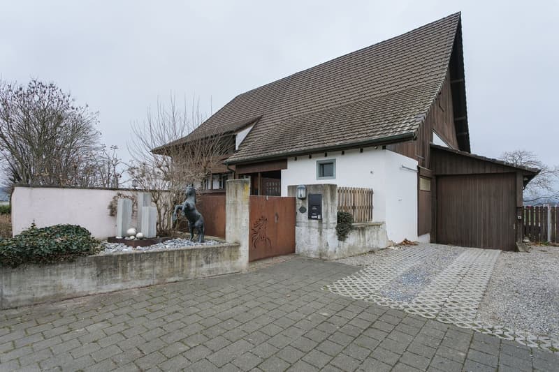 2-story wooden house with a tiled roof, a garage, and a sculpture in the front yard. The house has a white exterior with wooden accents and a paved driveway leading to the entrance.