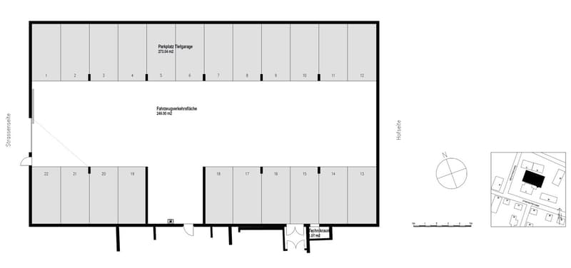 multiple rooms, numbered rooms, driving area, parking area, technical room