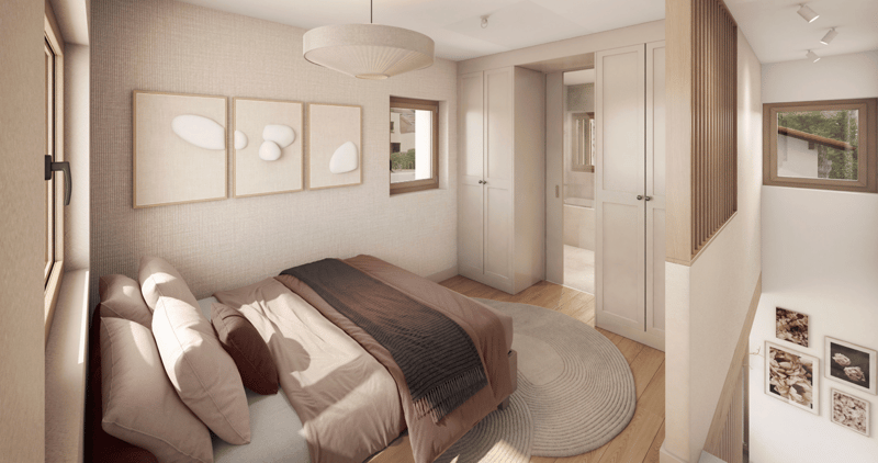 Bedroom with a bed, area rug, lamp, wardrobe, artwork, window